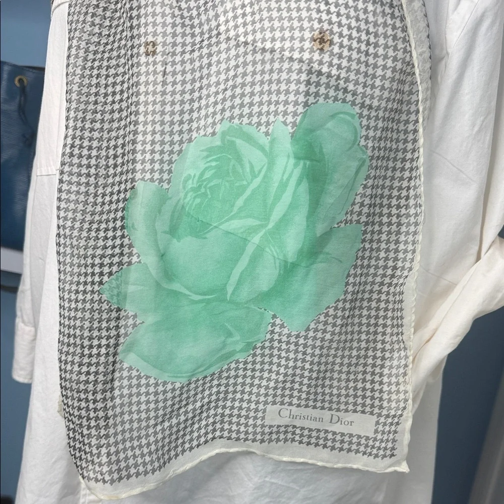 Vintage Christian Dior Houndstooth Scarf /wrap with Green Rose